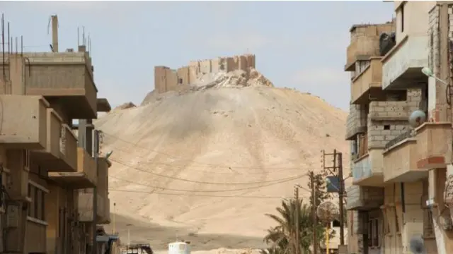 Palmira'nın modern kent kısmından Pazar günü çekilen bu karede antik kale gözüküyor.