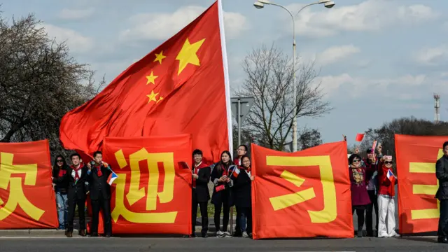 欢迎习近平的人群和巨大的标语。