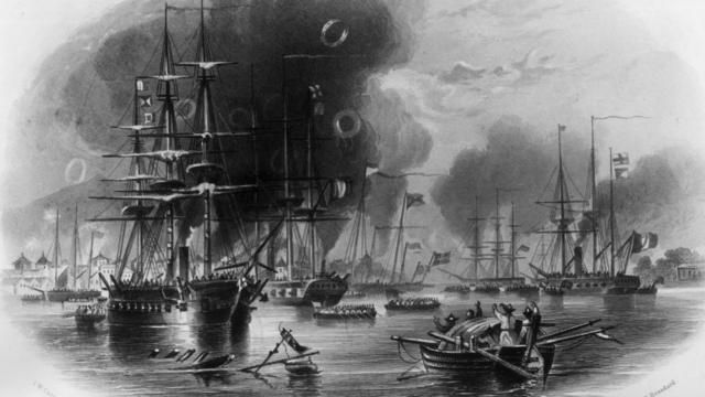 描绘第一次鸦片战争中广州受英军轰炸的画作