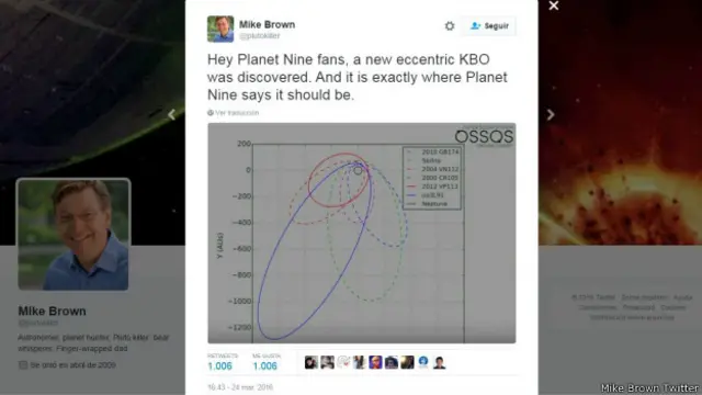 "Hola fanáticos del planeta Nueve, se descubrió un nueva formación excéntrica KBO. Está justamente donde el paneta Nueve debería estar", anunció Brown por Twitter.