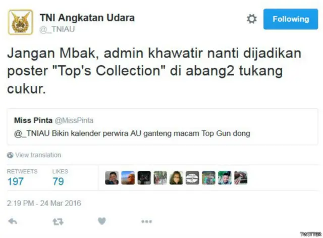 "Buat kalender perwira AU ganteng macam top gun dong."