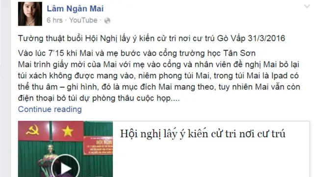 Đoạn tin trên Facebook kể lại chi tiết buổi lấy ý kiến cử tri của ca sỹ Lâm Ngân Mai