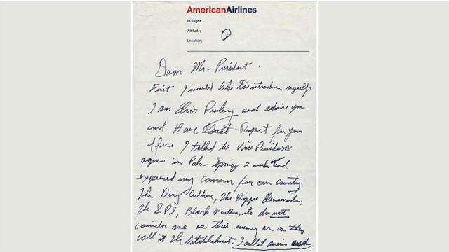 Написанное от руки письмо Элвиса президенту с предложением "сделать все, что в моих силах, чтобы помочь стране"