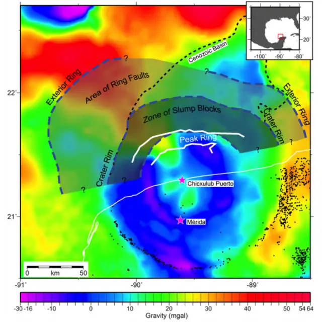 Mapa del área del cráter de Chicxulub