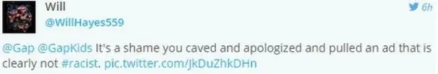 'É uma vergonha vocês cederem, se desculparem e tirarem do ar um anúncio que claramente não é racista', escreveu este usuário