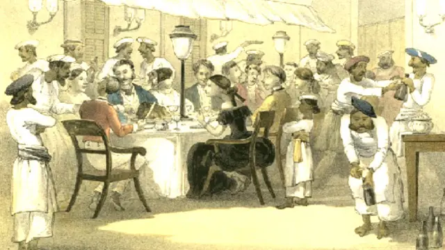 भारत में ब्रिटेन के उपनिवेशियों का भोजन करते हुए एक चित्र