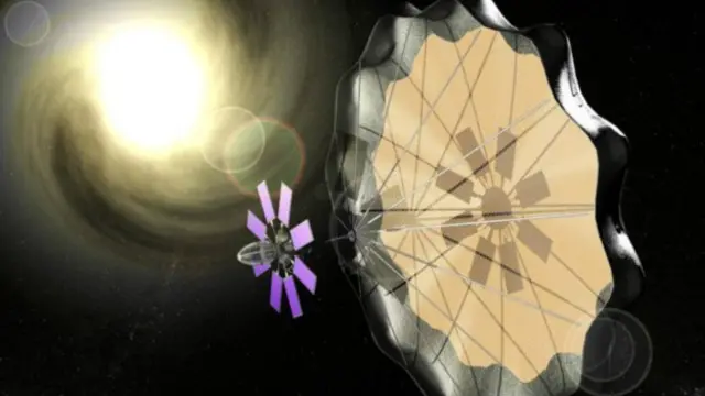 Esta obra artística muestra cómo una vela solar podría funcionar en las naves espaciales.