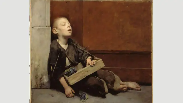 لوحة بائع البنفسج من عام 1885 تصور طفلا عاملا منهكا كضحية للثورة الصناعية، وهي لوحة للفنان فرناند بيليز