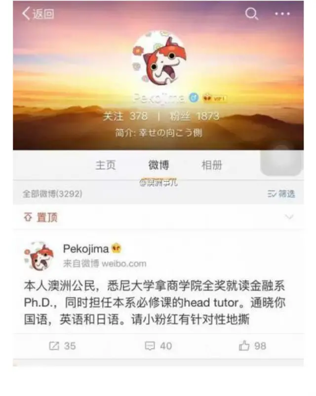 中國媒體公布的吳維微博截屏