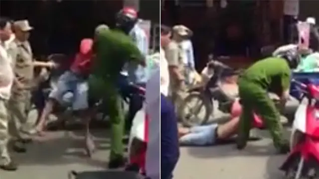 Cảnh công an Lương Việt Hà quật ngã người bán hàng rong tên Minh Phong tại chợ Bình Tiên qua một clip trên mạng.