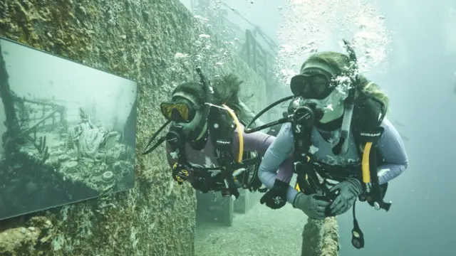Franke, de 48 años, está exhibiendo imágenes de su serie "The sinking world" ("El mundo que se hunde") en el Vandenberg para que los buzos que visiten el cayo disfruten de su arte subacuático cuando se encuentran bajo el agua. Es como una doble inmersión. (Foto: Andreas Franke)