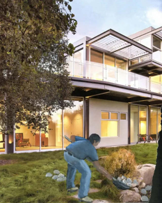 Un jardinero limpia una mansión 