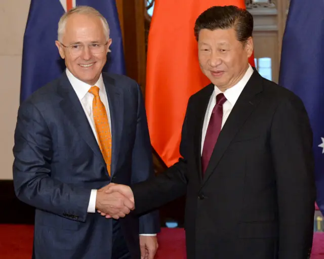 特恩布尔（左）与习近平在北京钓鱼台国宾馆握手（15/4/2016）