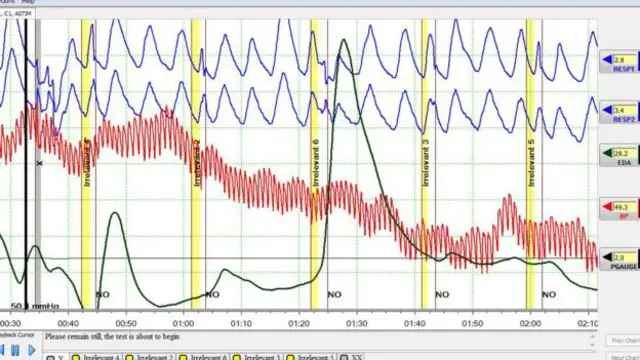 讀圖方法：X 軸表示時間。黃色柱體表示各個問題，開始的數字是 4，隨後是數字 2、6 等等。藍色線條：呼吸率。紅色線條：脈搏和血壓。黑色細線：椅子上的肢體動作。黑色粗線：皮膚電反應。