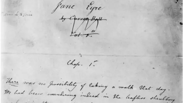 簡愛的手稿的第一頁,夏洛特勃朗特當時使用柯麗爾.貝爾(Currier Bell)的筆名進行創作。