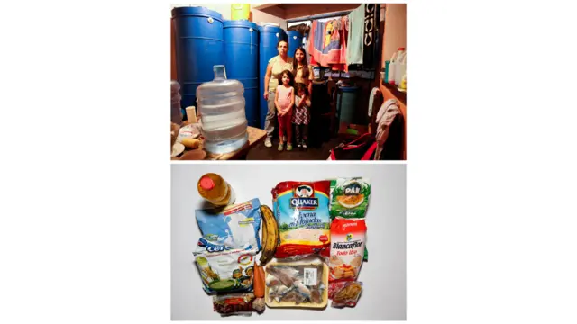 يانيدي غوزمان بجانب بناتها والطعام المتوفر في منزلها