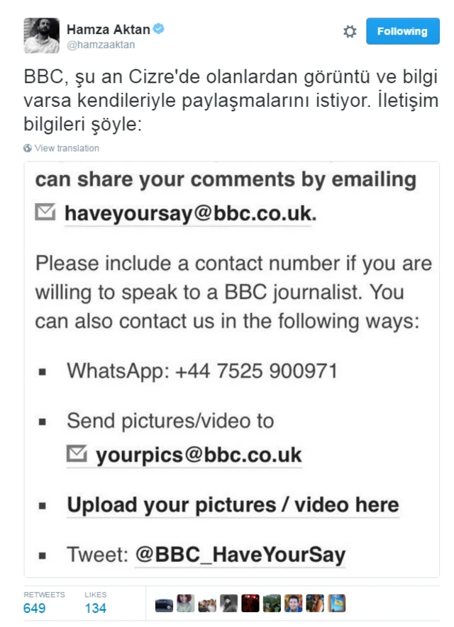 Hamza Aktan, BBC'nin İngilizce yayınlarında paylaşılan mesajı tweet olarak attı.
