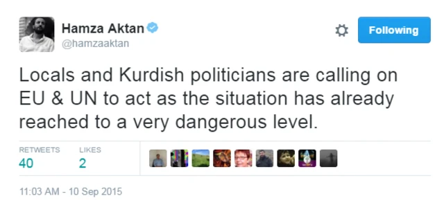 Hamza Aktan paylaştığı bu mesajda, "Bölge halkı ve Kürt siyasetçiler, durum çok tehlikeli bir seviyeye ulaştığı için AB ve BM'ye harekete geçmeleri çağrısı yapıyor" diyor.