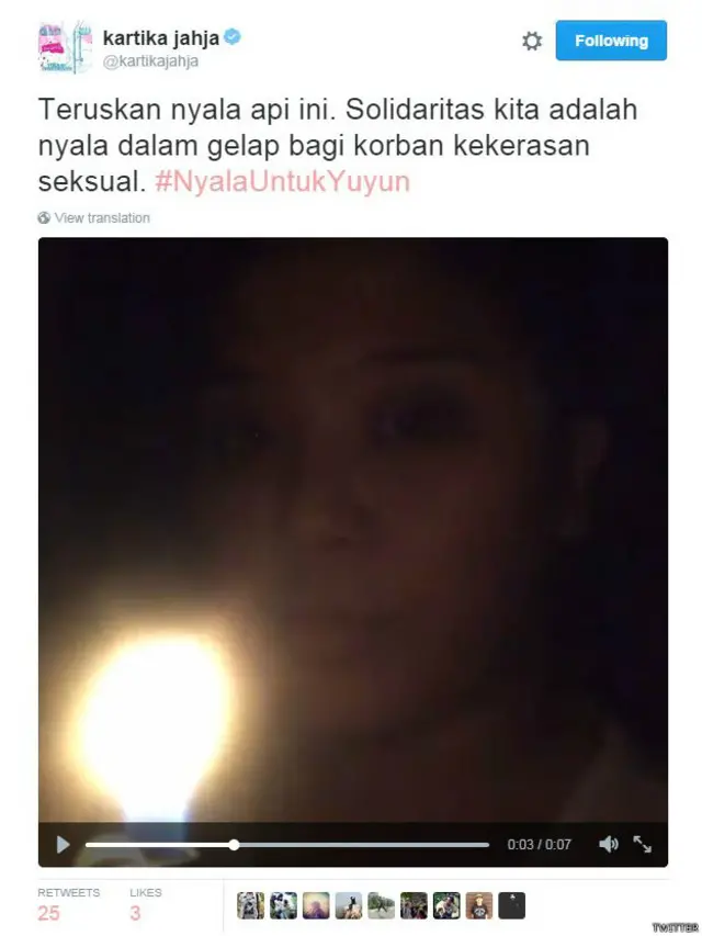 Salah satu kicauan Kartika Jahja, sebagai bentuk simpati atas nasib tragis Yuyun. 
