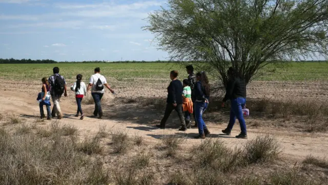 Inmigrantes centroamericanos caminan en el campo tras ingresar a EEUU por la frontera con México.