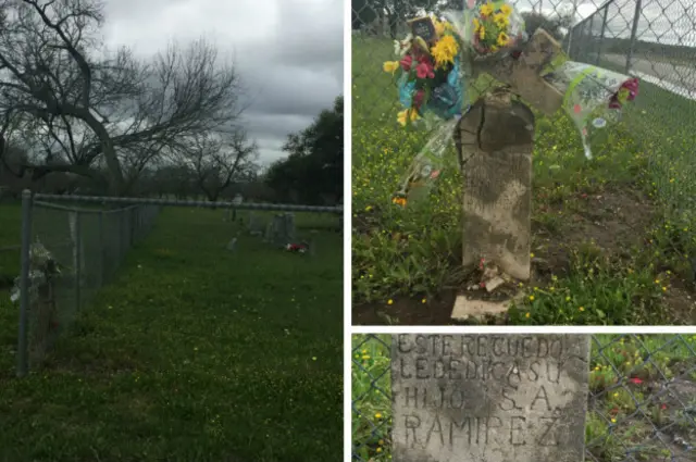 La cerca que rodea al cementerio San Domingo deja por fuera apenas por centímetros la tumba de una persona con nombre hispano y texto escrito en español.