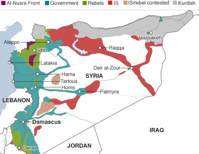 Bản đồ phần màu đỏ cho thấy các khu vực nhóm dân quân IS đang chiếm đóng tại Syria
