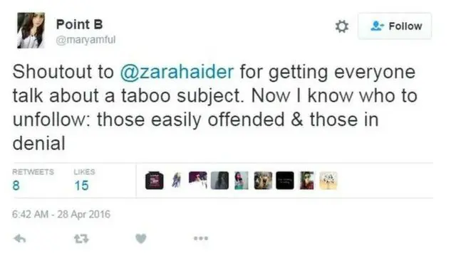 Zahra Haider berhasil membuaat orang membahas hal yang tabu. Sekarang saya tahu siapa yang saya unfollow: mereka yang gampang tersinggung dan hidup dalam penyangkalan. 