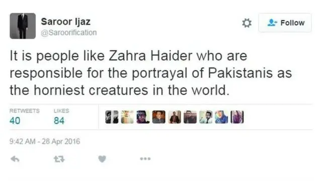 Saroor Ijaz mengatkana: Orang seperti Zahra Haider lah yang membuat orang pakistan jadi tampak sebagai manusia paling ngeres di dunia.