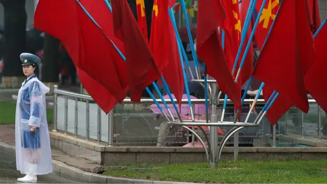 一名女警卫守卫在会堂外