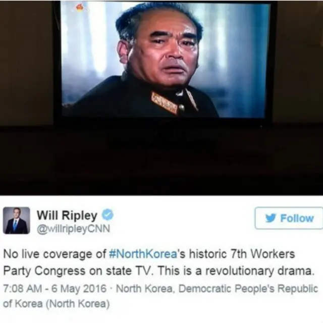 CNN记者发现，周五早上朝鲜的电视台没有直播党代会，而是在播放连续剧。