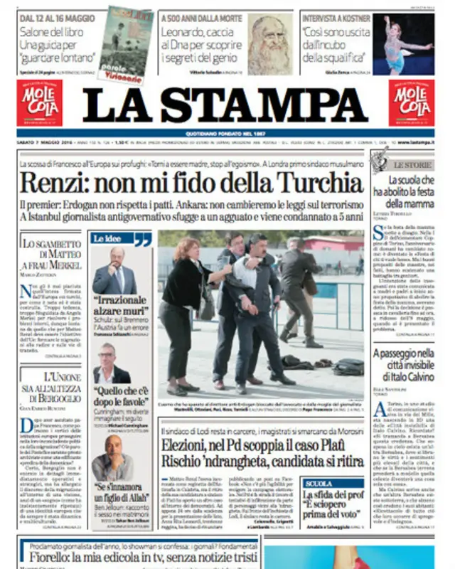 Renzi'nin sözleri La Stampa gazetesinin manşetinde "Renzi: Türkiye'ye güvenmiyorum" şeklinde yer aldı. 