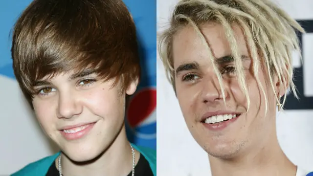 Dos fotos: una de Justin Bieber cuando se hizo famoso en 2010 y otra actual