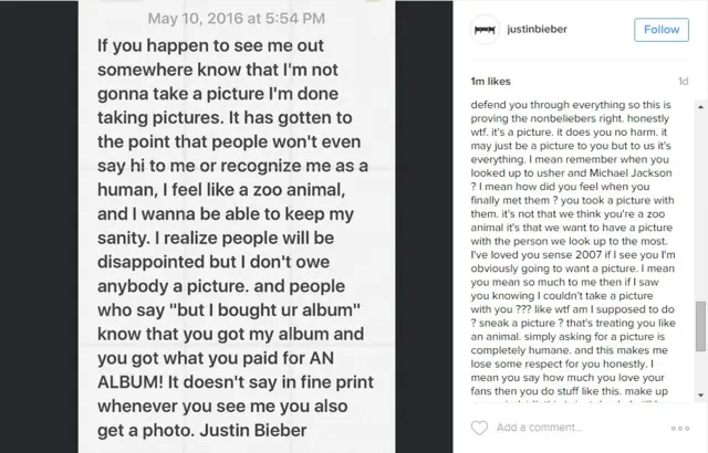 La publicación de Instagram de Bieber