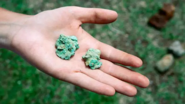 圖中所示的孔雀石是最容易冶煉的一種銅礦石（圖片來源：Phil Hill/Science Photo Library)