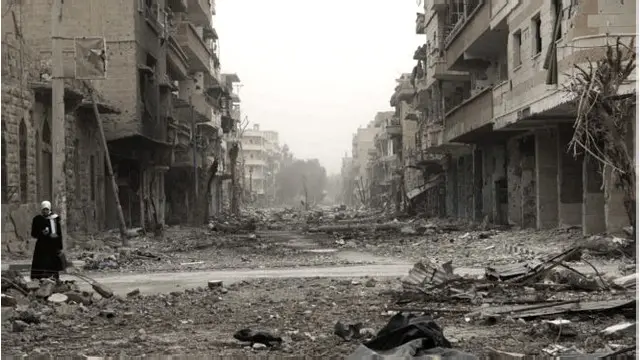 Salah-satu sudut kota Deir al-Zour yang hancur akibat konflik bersenjata pemerintah Rusia dan kelompok pemberontak.