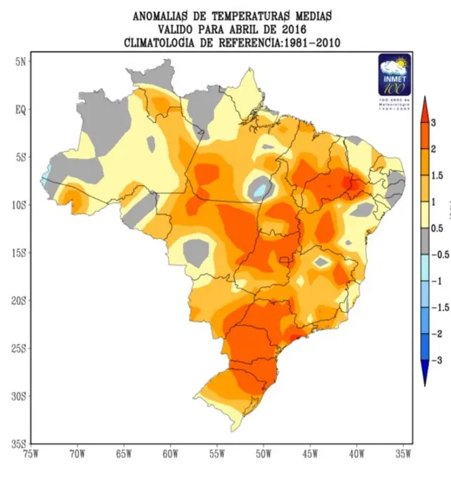 O mapa do Inmet mostra o aumentoroleta de verdadetemperaturaroleta de verdadeabrilroleta de verdade2016