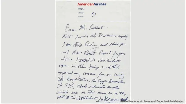 Surat tulisan tangan Elvis Presley untuk Presiden Nixon.