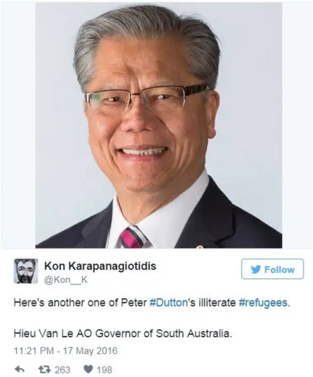 تقول هذه الرسالة على تويتر: هذا أحد اللاجئين الأميين الذين يتحدث عنهم دتون. أنه هيو فان ليو آو حاكم جنوب استراليا 