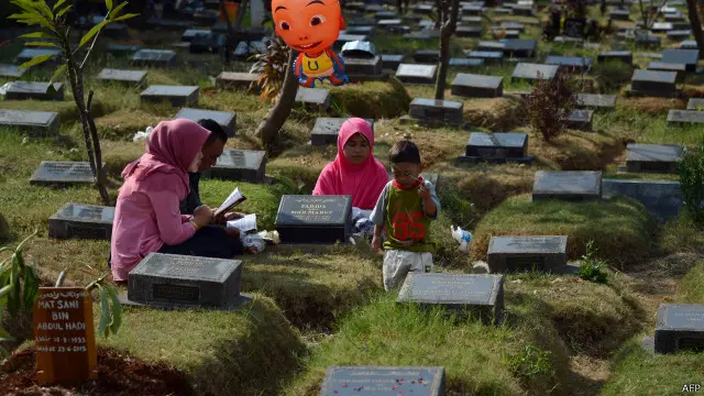 Sebuah keluarga Muslim tengah berziarah ke kuburan keluarganya.