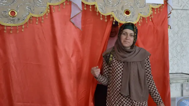 Двое выходят из кабины для голосования