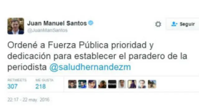 Mensaje vía Twitter del presidente de Colombia, Juan Manuel Santos.