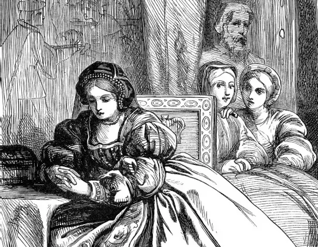 Al alguacil de la Torre, aquí observándola desde la entrada a su última morada, le sorprendió la actitud de Ana Bolena ante su condena.