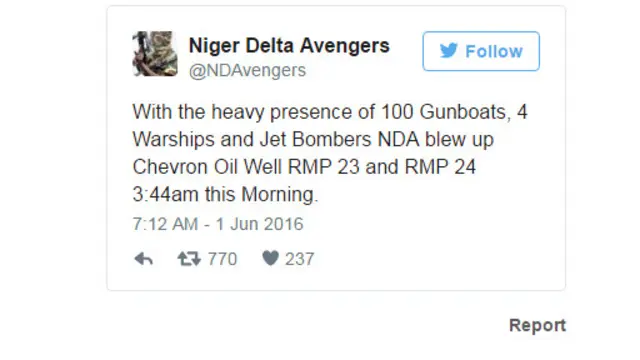 Les Vengeurs du Delta du Niger utilisaient Twitter pour revendiquer leurs attaques dans le sud du Nigeria.