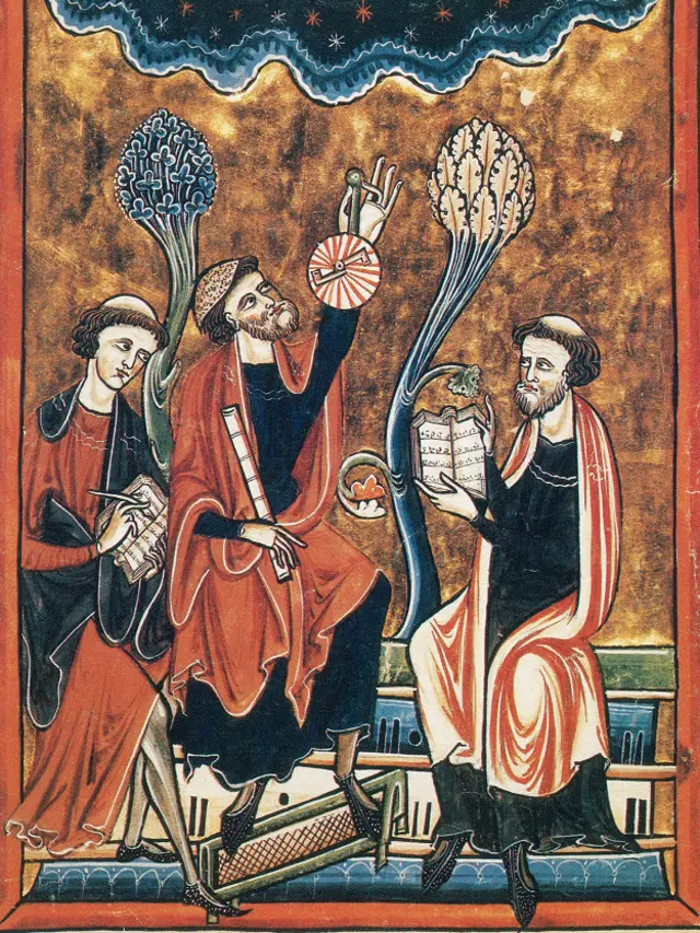 Astrónomos estudiando las estrellas con ayuda de un astrolabio.