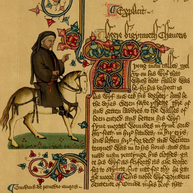 Una página de su más famosa obra, "Los cuentos de Canterbury", en la que aparece Chaucer a caballo.