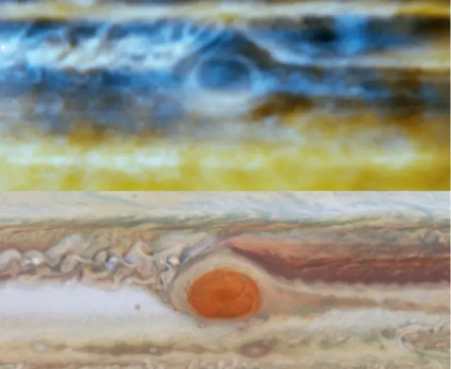 Сделанная при помощи VLA радиокарта поднимающихся из глубин атмосферы Юпитера потоков аммиака (вверху) и снятая телескопом "Хаббл" в видимом свете та же область планеты с верхушками облаков