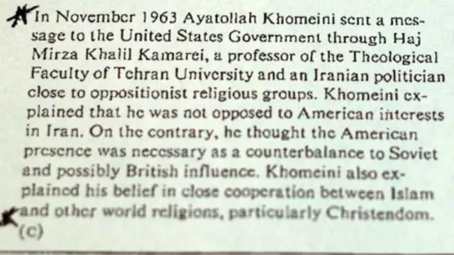 خفیہ دستاویز میں بتایا گیا ہے کہ خمینی کس طرح امریکہ کو پیغام بھیجتے تھے