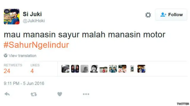 Ada sekitar 600 cuitan terkait #SahurNgelindur di Twitter, Senin (06/06).