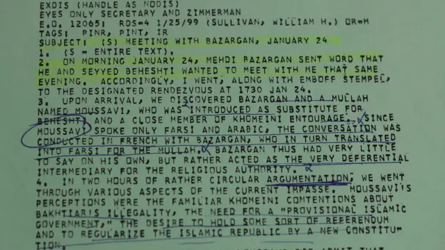 تصویر بخشی از گزارش سفیر آمریکا در تهران از دیدارش با موسوی اردبیلی و بازرگان که پس از سی و پنج سال از حالت محرمانه خارج شده است
