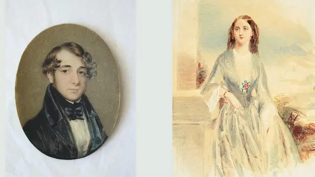 Слева - миниатюра с изображением Чарльза Диккенса, которую он подарил Кэтрин Хогарт по случаю помолвки; справа - акварельный портрет Кэтрин кисти английского художника Дэниела Маклиса